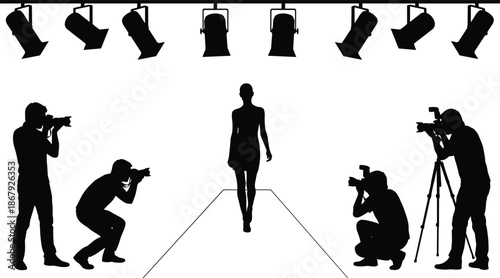 Fashion runway photoshoot silhouette scene, model walking catwalk with photographers and studio lights isolated on white background for media design