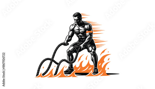 Muscular Man Exercising with Battle Ropes in Flames