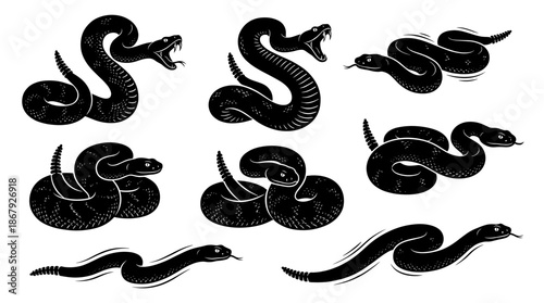 Black silhouette rattlesnake vector illustration set isolated on white background venomous viper snake wild reptile animal glyph stencil tattoo design element in strike pose