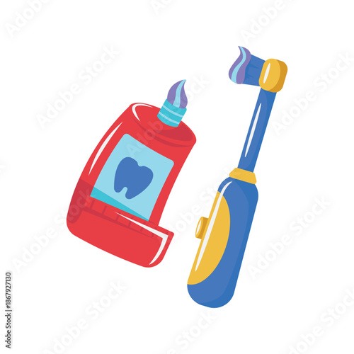 Red Toothpaste Tube and Blue Electric Toothbrush Illustration.