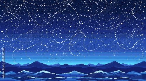 Aesthetic pixel night sky sprinkled with stardust above digital waves, soothing retro tones, 8-bit pixel art