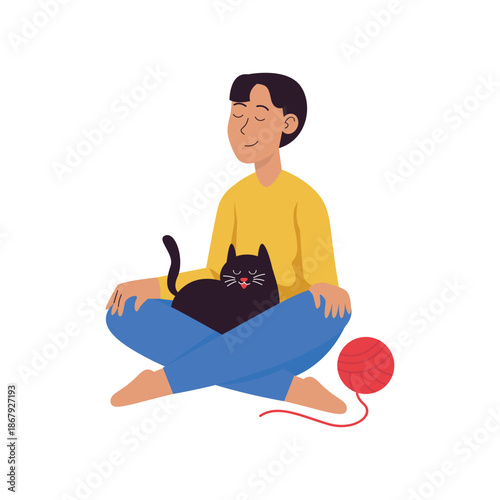 Serene Young Man Meditating with Black Cat on Lap.