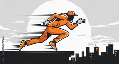 A mysterious masked photographer in an orange jumpsuit swiftly runs across a rooftop with a camera, capturing moments against a city skyline.