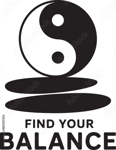 Minimalist find your balance composition with large yin yang icon and stacked meditation rocks