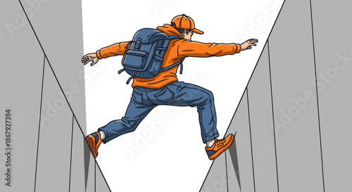 A determined individual with a backpack and cap bravely leaps across a treacherous urban chasm, embodying courage and the spirit of overcoming significant obstacles.