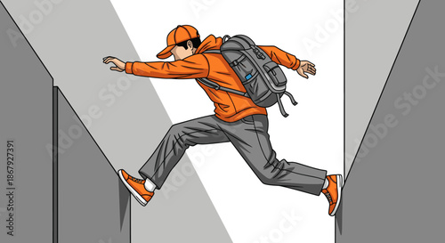 A determined young man wearing an orange jacket and backpack leaps across a narrow urban gap, embodying courage and dynamic action in a challenging environment.