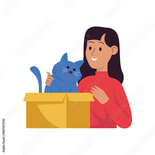 Smiling Woman Gently Holding Blue Cat in Cardboard Box.