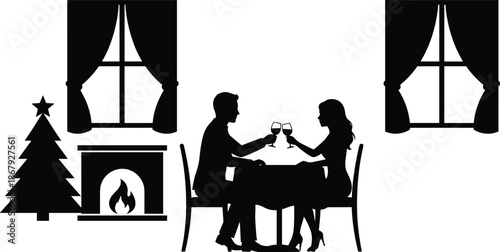 Romantic winter dinner couple silhouette, man and woman toasting wine at table near fireplace and Christmas tree, cozy holiday interior scene
