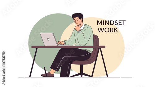 Man working on laptop, deep in thought, with "Mindset Work" text overlay.