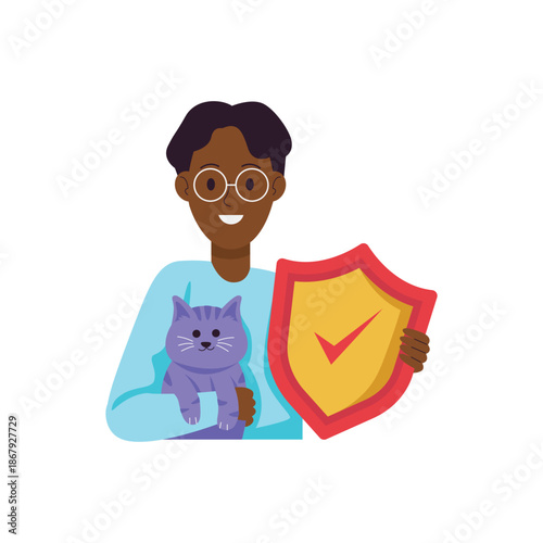Smiling Young Black Man Holding Cute Purple Cat and Secure Shield.