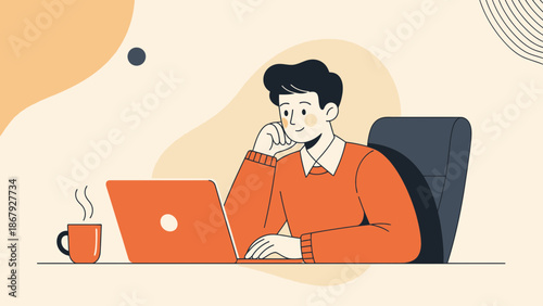 Man working on laptop, drinking coffee, comfortable office setting, modern illustration style.