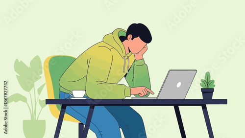 Man working on laptop, feeling bored and tired at desk with coffee and plant