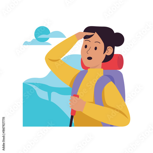 Surprised Female Hiker Carrying Backpack and Trekking Pole.