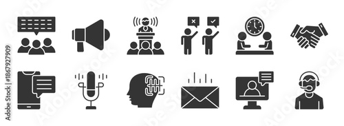 Speaking glyph style icon set collection. Speak, speaker, speech, people communication, conversation, discussion, bubble, dialogue, voice message, letter and more. eps 10