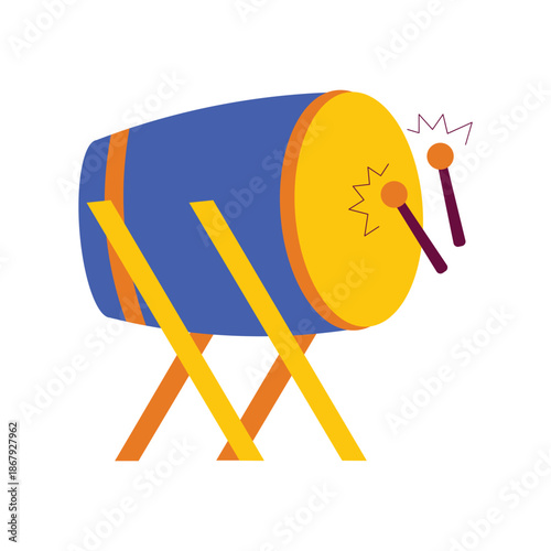Vibrant Illustrated Dhol Drum with Sticks and Wooden Stand.