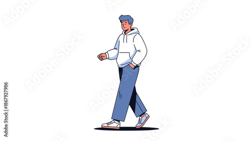 Modern Man Walking Confidently with Hands in Pockets, Casual Style