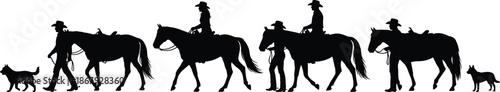 Western cowboy silhouette horseback riders leading horses with dogs, ranch trail scene, rural cowboy lifestyle tradition vector illustration black white