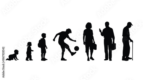 Stages of human life from birth to old age in silhouette