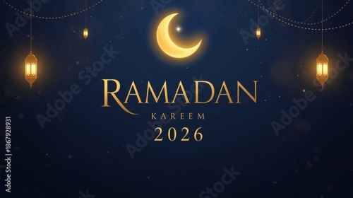 Ramadan Kareem 2026 Luxury Islamic Background with Golden Crescent and Lanterns