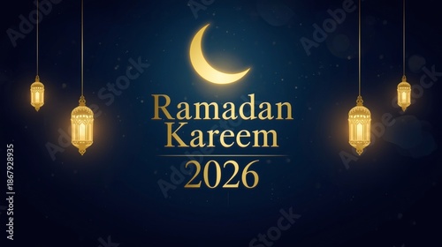 Ramadan Kareem 2026 Luxury Islamic Background with Golden Crescent and Lanterns