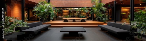 Tranquil interior courtyard with lush greenery and comfortable seating.