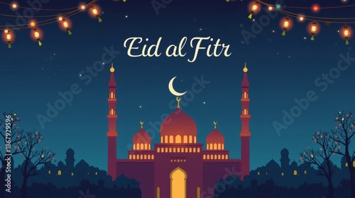 Eid al Fitr Islamic Greeting with Mosque and Crescent Moon
