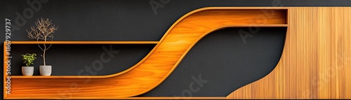 Curved wooden shelving unit with dark background.