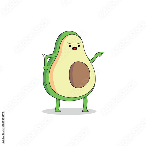 Cute avocado fruit cartoon character angry and pointing finger doodle