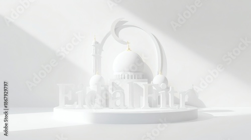 Eid al Fitr 3D Minimal White Scene with Mosque and Crescent