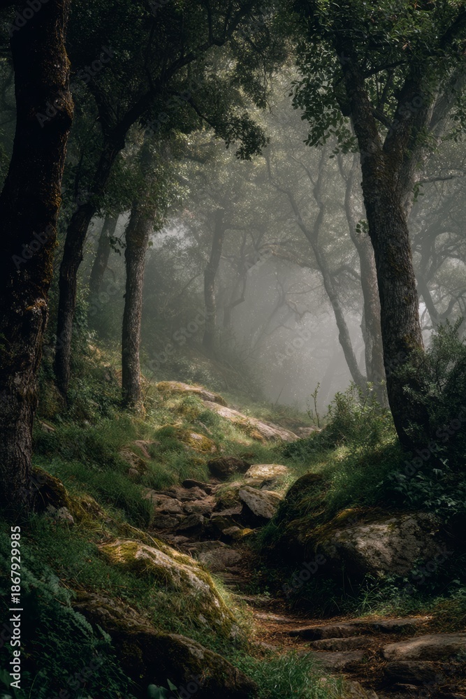 Obraz premium Misty Forest Path with Sunlit Undergrowth.
