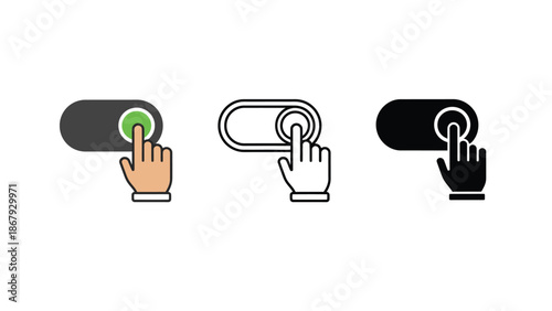 Hand pressing button icons in different styles and colors
