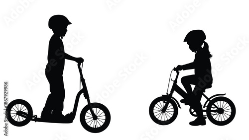 Kids riding scooters and bicycles in silhouette