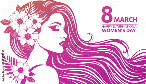 International Women's Day design. International Women's Day celebration poster or banner design with a woman and butterfly and text. Featuring beauty of a woman with freedom and serenity. EPS version.
