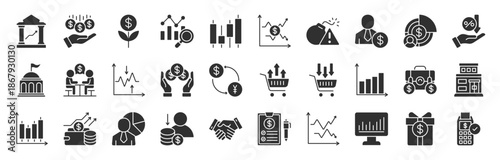 Stock Market glyph style icon set. Financial goal, shares, investment, bull market, bear market, investment, and more. editable stroke. Vector illustration eps 10