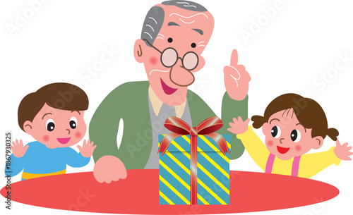 プレゼントを喜ぶ祖父と子供たち
