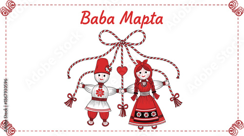 Baba Marta greeting card with traditional Pizho and Penda Martenitsa dolls red and white braided cords and tassels.