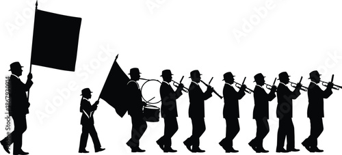 Black silhouette of a marching band parade with flag bearers and musicians playing instruments on a white background.