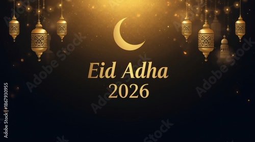 Eid Adha 2026 Islamic Celebration Background with Golden Ornaments