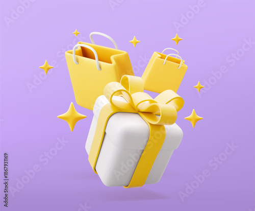 3D gift and paper bags. Surprises and bonuses for buyers. Holiday cover template. Promotional banner on colored background. Holiday is coming. Give away