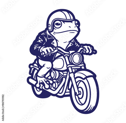 A cool frog cartoon character rides a motorcycle in a retro outline style