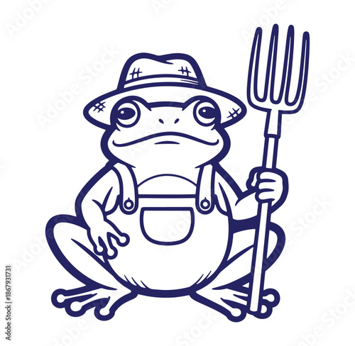 Adorable cartoon frog wearing overalls and a hat holding a pitchfork vector illustration