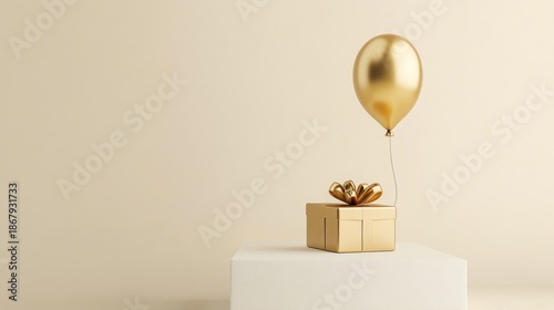 Golden gift box with balloon on white podium