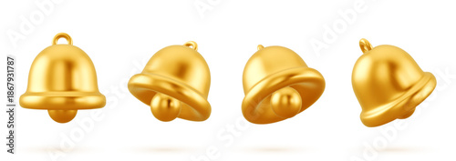 Gold bells 3d isolated on white background. Metal realistic bell vector set. Christmas symbol, notification, school, vintage bell icon.