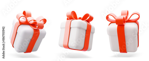 3D Vector illustration gift box. Christmas, new year, sale, shopping. Present box with bows ribbons. Giftbox for valentine, birthday, holiday. 