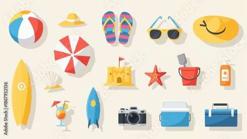 Colorful summer beach vacation accessories for fun and relaxation.