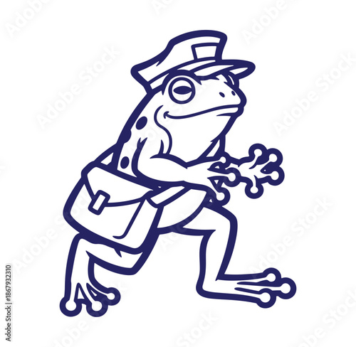 Cartoon frog character as a postal worker delivering mail with a cute expression