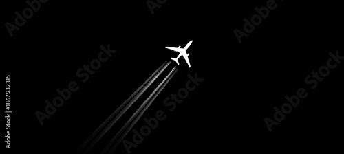 Minimalist White Airplane Flying with Contrails Against a Dark Sky