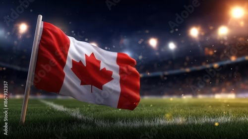 Canadian flag waving on a soccer field at night