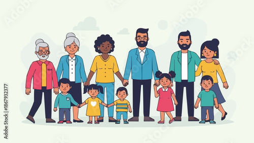 Diverse group of people representing a multi-generational family standing together.