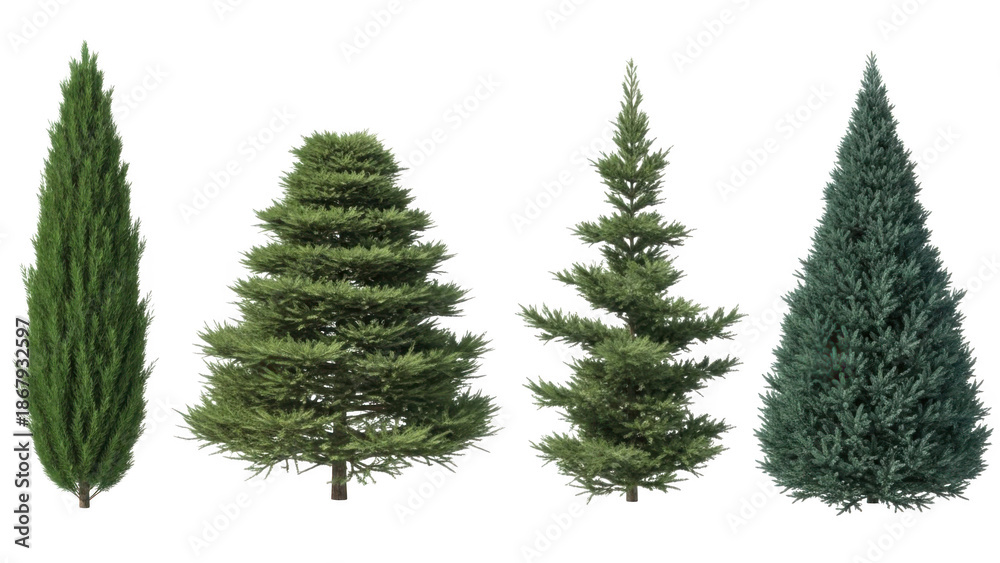 Obraz premium Four types of pine trees isolated on transparent background